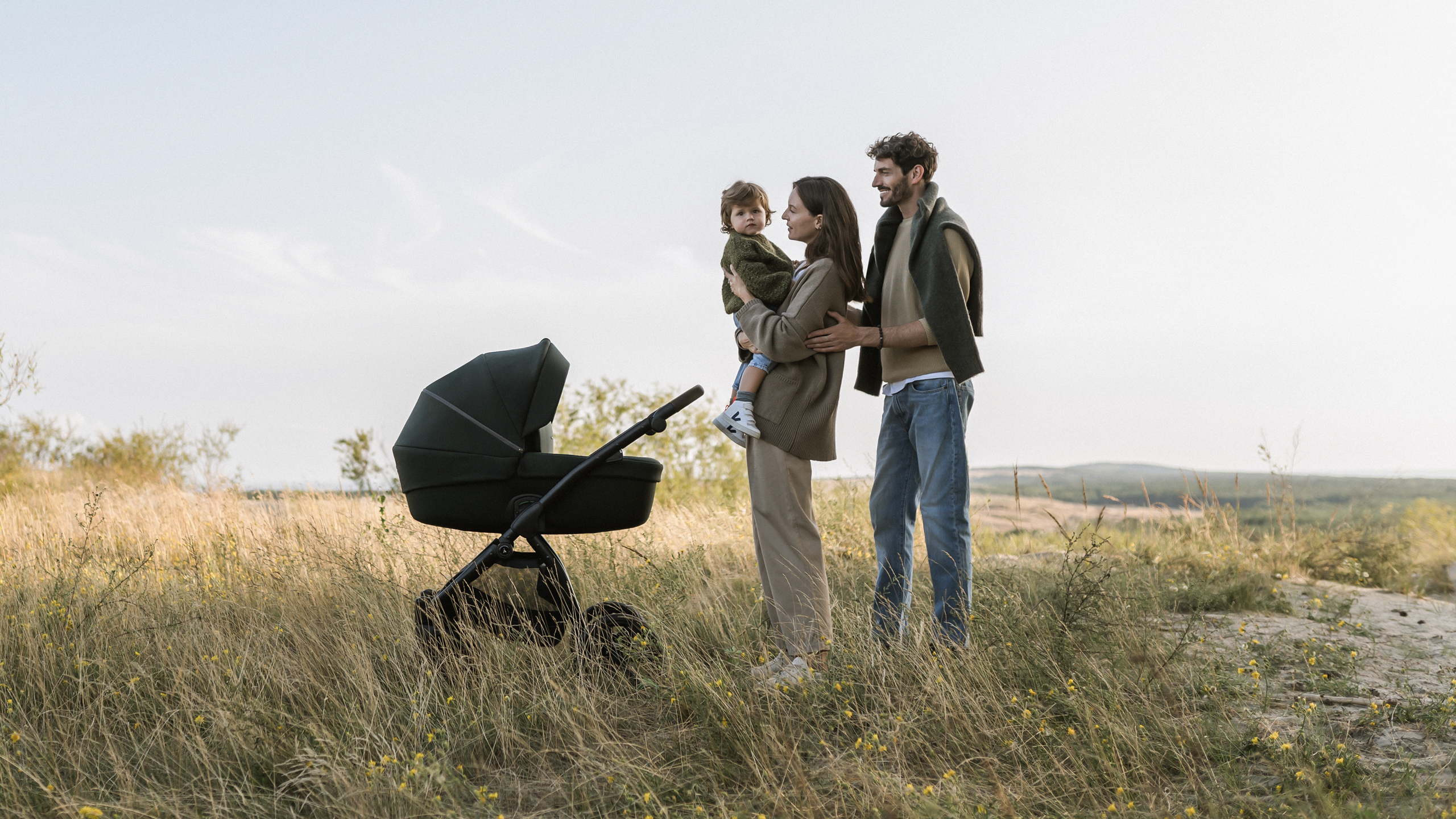 Family with a stroller outdoors